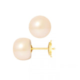 Boucle d'Oreilles Bouton AYA de Perlinea : boucles d'oreilles rondes en or jaune avec perles de culture roses, montées sur des anneaux en or et fermées par des boucles papillon, présentées sur fond blanc.