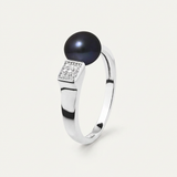 Bracciale rigido moderno - Bottone di perla coltivata d'acqua dolce da 8-9 mm Nera di Tahiti - Argento sterling 925