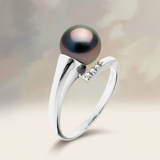 Anello- Perle coltivate di Tahiti- Diametro rotondo 8-9 mm- Oro bianco- Diamanti