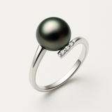 Anello- Perle coltivate di Tahiti- Diametro rotondo 8-9 mm- Oro bianco- Diamanti