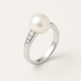 Anello- Perle coltivate d'acqua dolce- Rotonde 8-9 mm Bianche- Oro bianco- Diamanti
