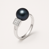 Bracciale rigido moderno - Bottone di perla coltivata d'acqua dolce da 8-9 mm Nera di Tahiti - Argento sterling 925