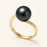 Anello- Perle coltivate d'acqua dolce- Diametro rotondo 8-9 mm Nero Tahiti- Oro giallo- Diamanti