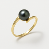 Anello- Perle coltivate d'acqua dolce- Diametro rotondo 7-8 mm Nero Tahiti- Misura 48 (EU)- Oro giallo