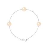 Bracelet argent 925 avec 3 perles de culture roses espacées sur chaîne fine.