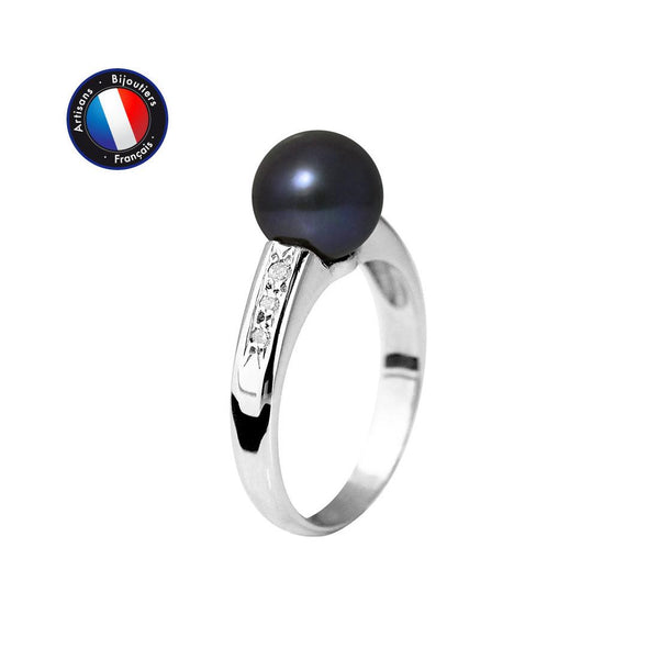 Anello- Perle coltivate- Diametro 8-9 mm Nero Tahiti- Oro bianco- Diamanti