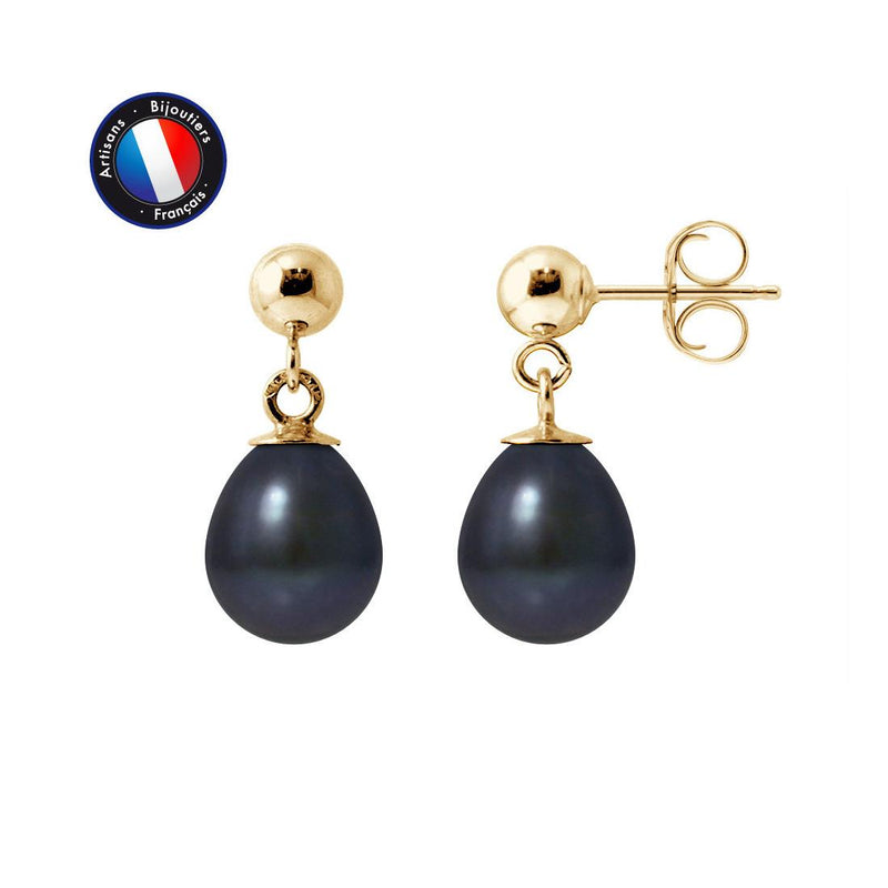 Orecchini - Perle coltivate d'acqua dolce - Diametro 7-8 mm Nero Tahit - Oro giallo