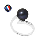 Anello- Perle coltivate rotonde 8-9 mm Nero Tahiti- Oro bianco- Diamanti