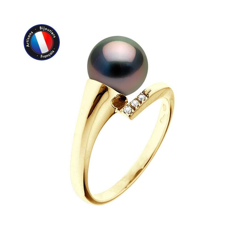 Anello- Perle di Tahiti- Rotonde 8-9 mm- Oro giallo- Diamanti