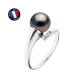 Anello- Perle coltivate di Tahiti- Diametro rotondo 8-9 mm- Oro bianco- Diamanti