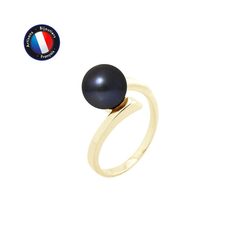 Anello- Perle Coltivate- Rotonde 8-9 mm Nero Tahiti- Oro Giallo