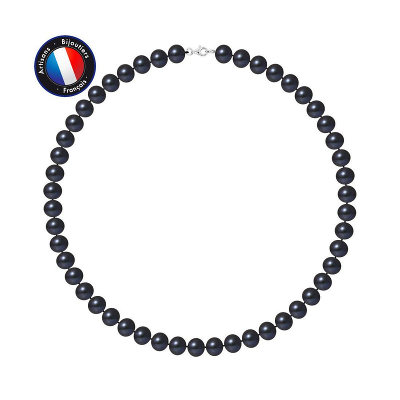 Collana - Perla d'acqua dolce semitonda 9-10 mm Nera Tahiti - Argento