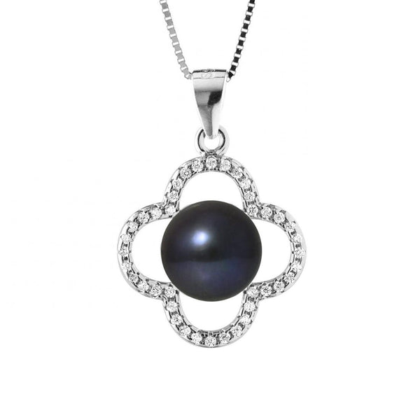 Collana con trifoglio - Perla coltivata d'acqua dolce - Diametro 9-10 mm Nera Tahiti - Gioielli da donna - Argento sterling 925