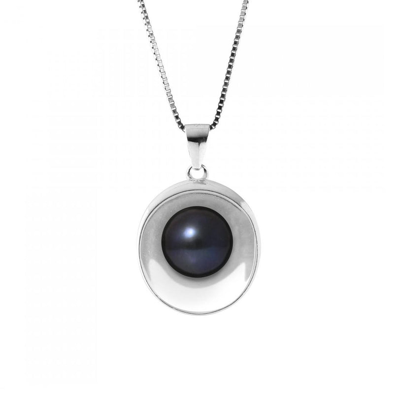 Collana in argento Moon Perla coltivata d'acqua dolce nera di Tahiti - Diametro 9-10 mm