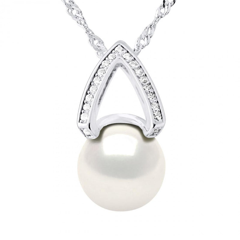 Collana a "V" con Perla Bianca di 10 mm di diametro e Ossidi di Zirconio