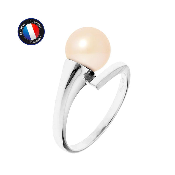 Anello- Perle coltivate d'acqua dolce- Diametro rotondo 8-9 mm Rosa- Misura 48 (EU)- Oro bianco