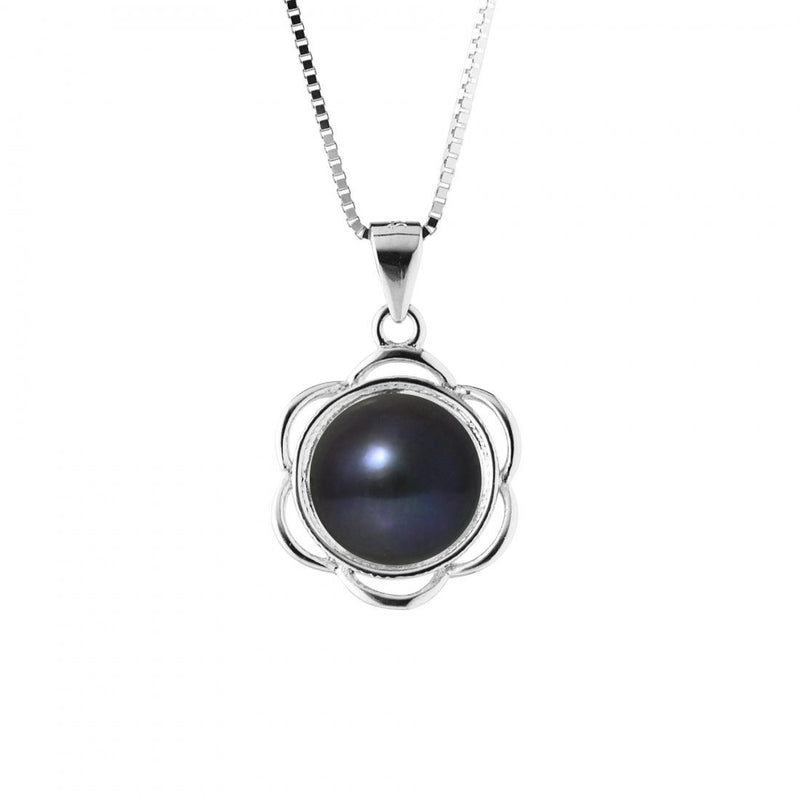 Collana con fiori - Bottone di perle coltivate d'acqua dolce da 8-9 mm Tahiti nera - Argento sterling 925