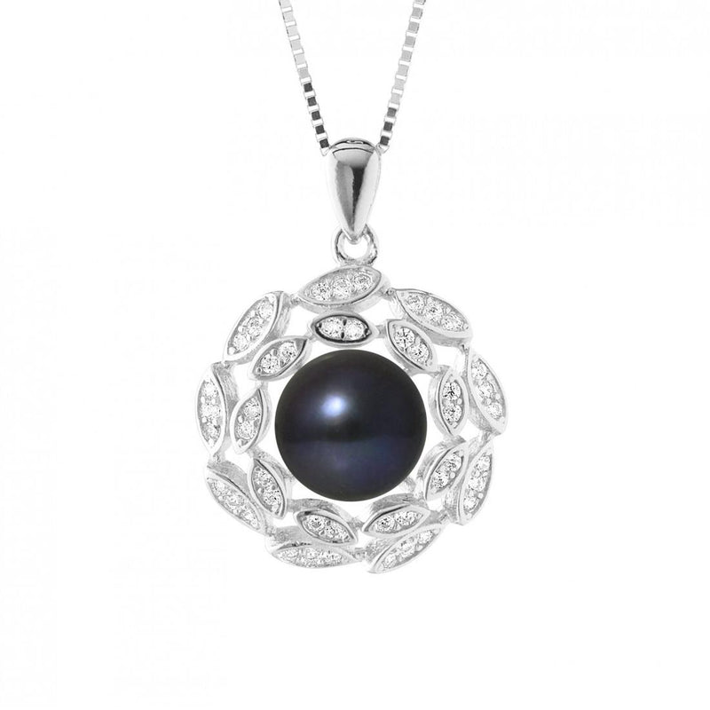 Collana Corolle - Bottone di perla coltivata d'acqua dolce 8-9 mm Nera Tahiti - Argento 925 millesimi