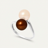 Anello- Perle coltivate d'acqua dolce- Diametro rotondo 7-8 mm Rosa e cioccolato- Misura 48 (EU)- Oro bianco