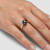 Anello con perla coltivata d'acqua dolce - Diametro rotondo 8-9 mm Nera Tahiti