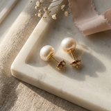 Orecchini - Perle coltivate d'acqua dolce - Bottone Diametro 9-10 mm Bianco - Gioielli da donna - Oro giallo
