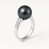 Anello- Perle coltivate- Diametro 8-9 mm Nero Tahiti- Oro bianco- Diamanti