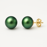 Orecchini - Perle coltivate d'acqua dolce - Bottone Diametro 9-10 mm Verde intenso - Gioielli da donna - Oro giallo