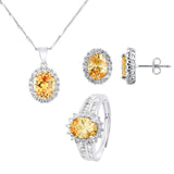 Parure argent 925 : collier, bague et boucles d'oreilles ovales ornés de zircons jaunes.